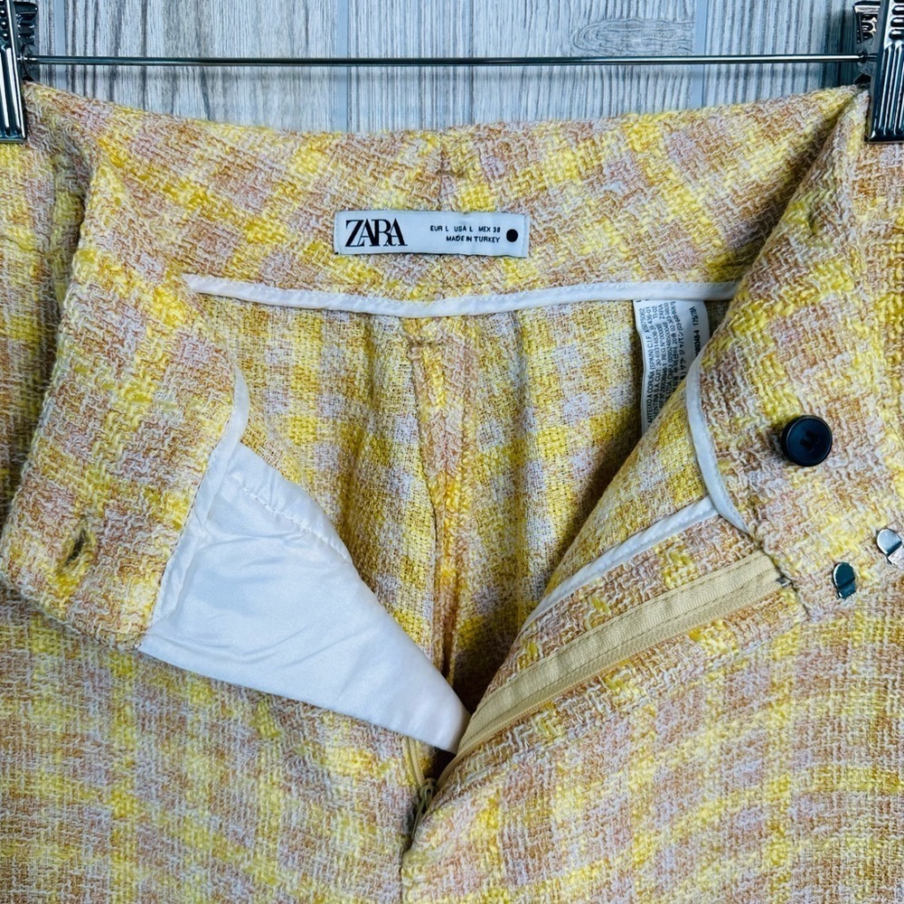 ZARA TWEED TROUSER Cropped Pants Wide Leg Culottes Large Womens Knit Yellow - Picture 9 of 15